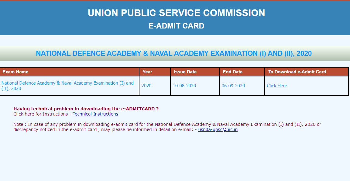 UPSC NDA Admit Card Download